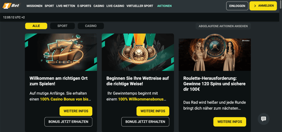 Screenshot der 1bet-Bonusseite