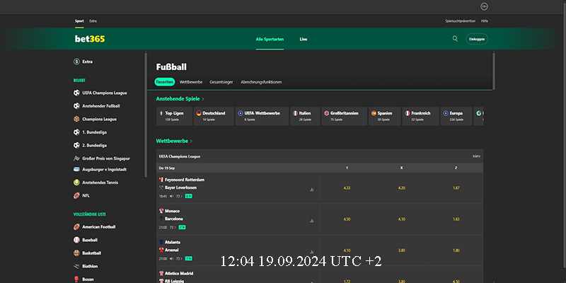 Screenshot der bet365 Sportseite