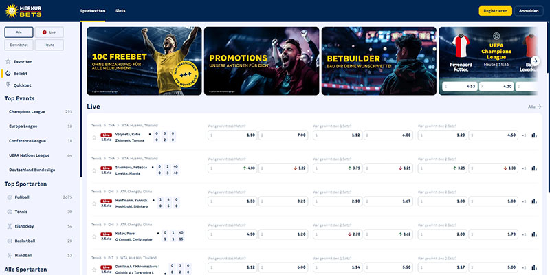 Screenshot der merkurbet Sportseite