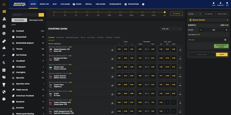 Screenshot der Admiralbet-Sportseite