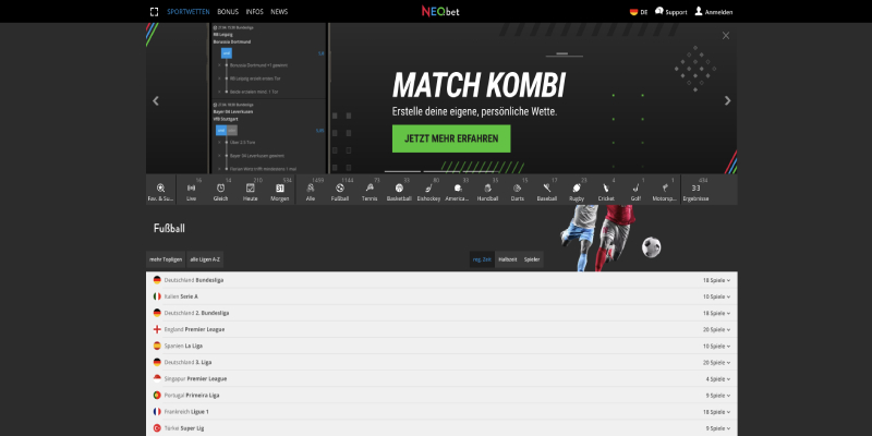 Screenshot der neobet Sportseite