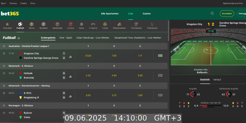 Screenshot der bet365 Live-Seite