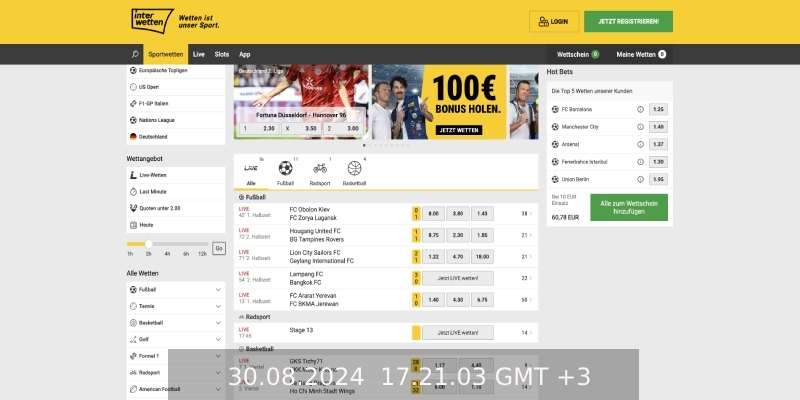 Screenshot der Interwetten Live-Seite