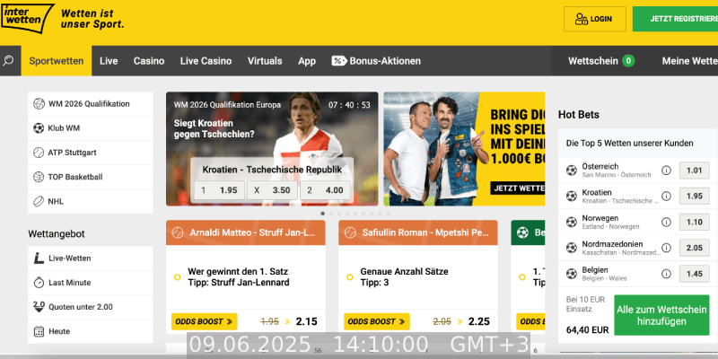 Screenshot der Interwetten Live-Seite