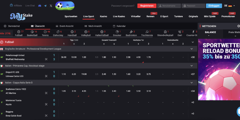 Screenshot der Mystake Live-Seite