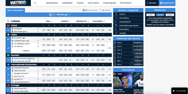 Screenshot der Wettigo Live-Seite