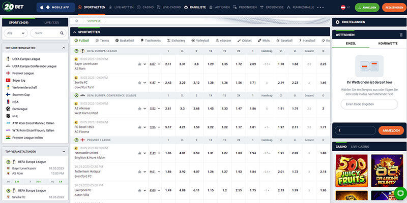 Screenshot der 20Bet-Sportseite