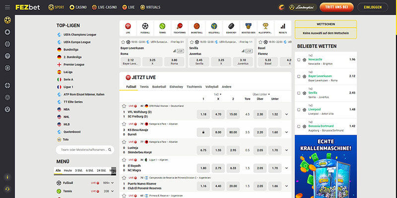 Screenshot der FezBet-Sportseite