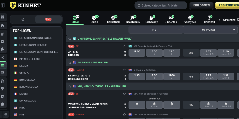 Screenshot der Kinbet-Sportseite