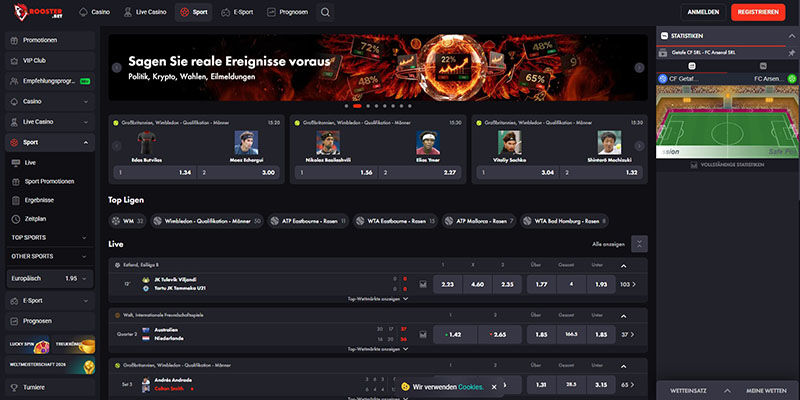 Screenshot der Rooster.Bet-Sportseite