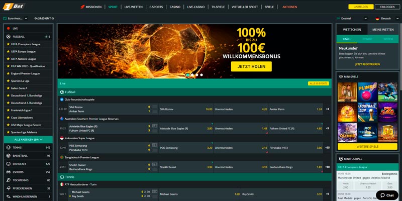 Bild der Sportseite bei 1bet