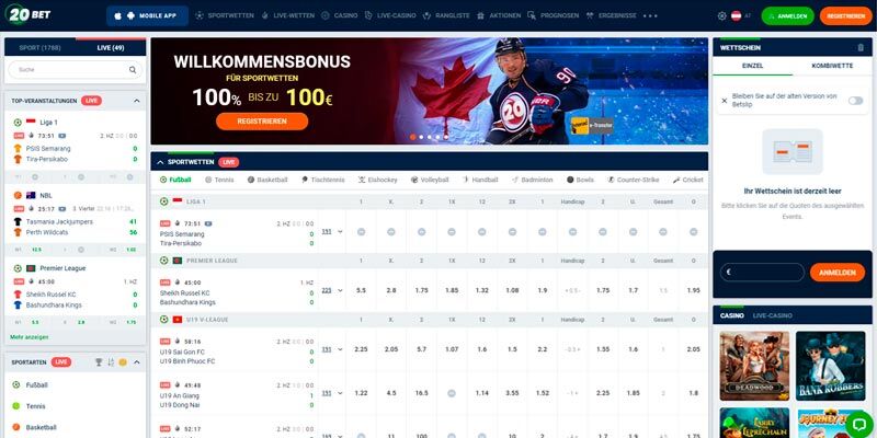 Screenshot der 20Bet Sportseite