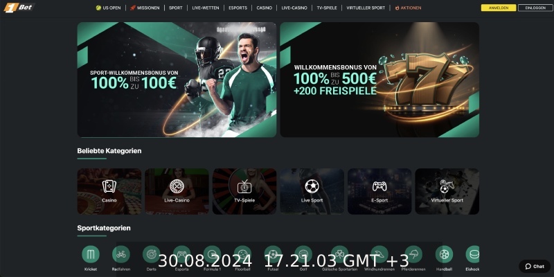 Screenshot der 1Bet-Desktop-Hauptseite