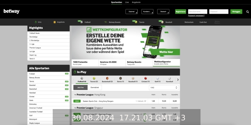 Screenshot der Betway-Desktop-Liveseite