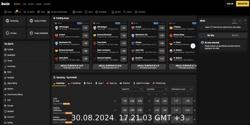 Screenshot der bwin-Desktop-Liveseite