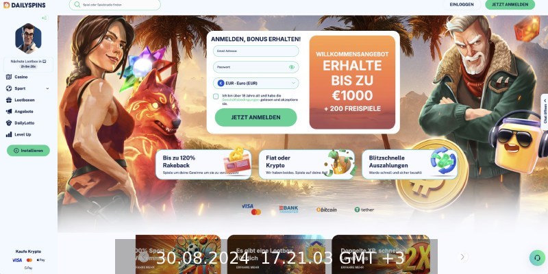 Screenshot der Hauptseite von Dailyspins Desktop