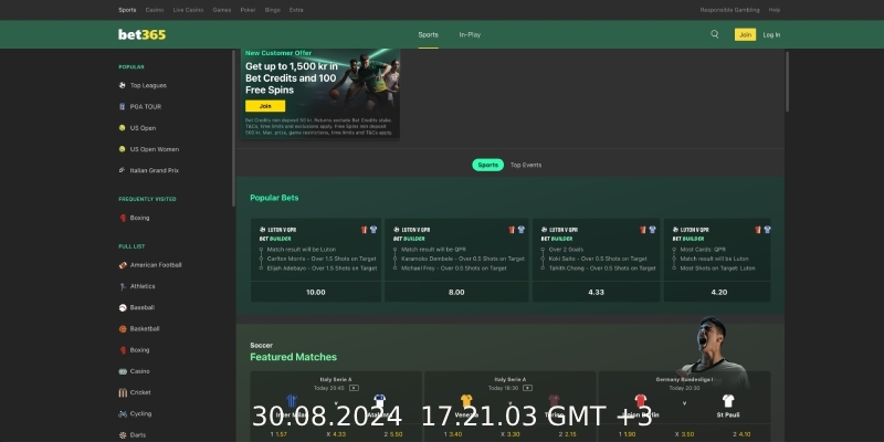 Screenshot der Live-Seite des bet365-Desktops