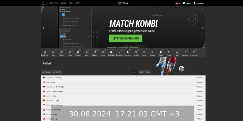 Screenshot der Liveseite von Neobet Desktop