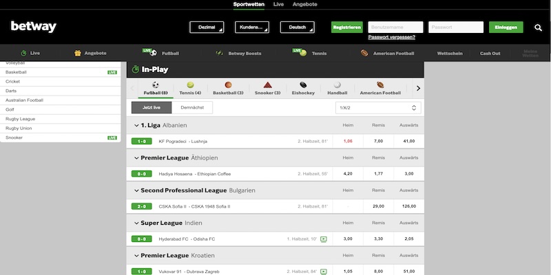 Bildschirmfoto der betway Sport Seite