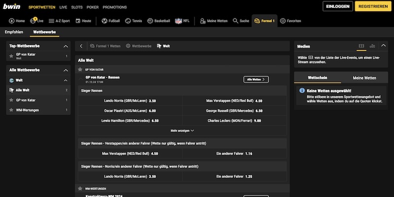 Screenshot der bwin Sport-Seite