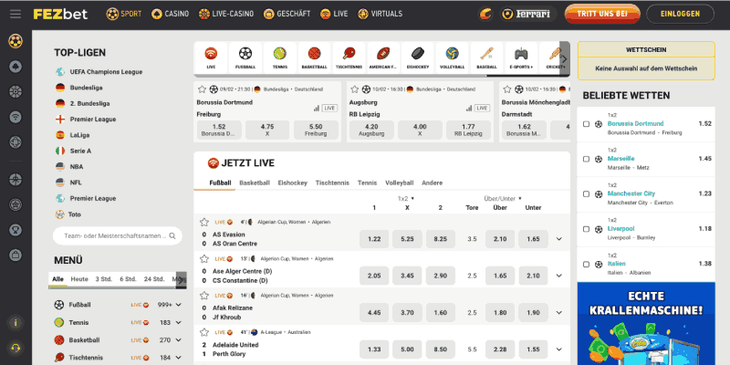 Screenshot der FEZbet sport seite