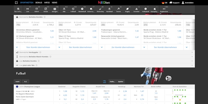 Bildschirmfoto der NEO.bet Sport Seite