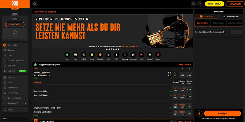 Screenshot der Sportseite von 888sport