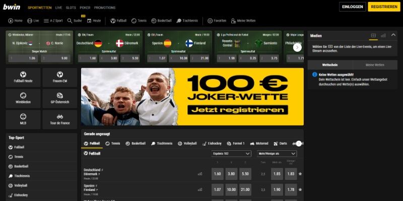 Screenshot der Sportseite von Bwin