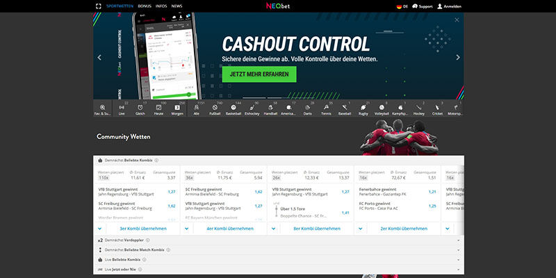 Screenshot der Sportseite von neobet