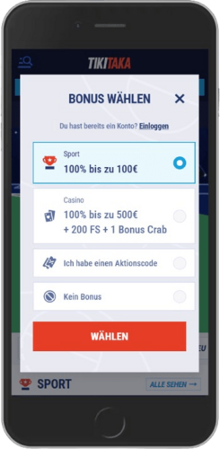 Mobiler Screenshot der TikiTaka-Registrierungsseite