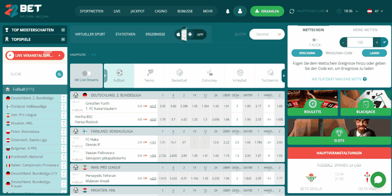 Screenshot der 22Bet-Sportseite