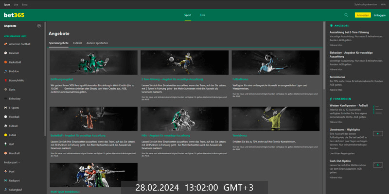 Screenshot der Bet365 Live-Seite