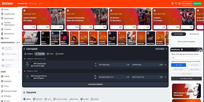 Screenshot der Betano-Sportseite