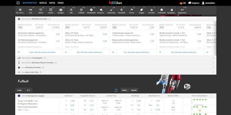 Screenshot der NEO.Bet-Sportseite