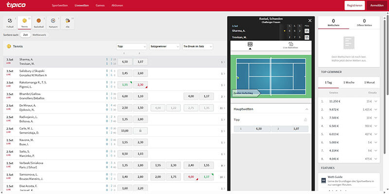 Screenshot of the Tipico live page