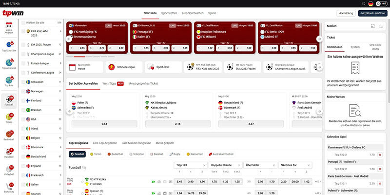 Screenshot der TipWin Sportseite