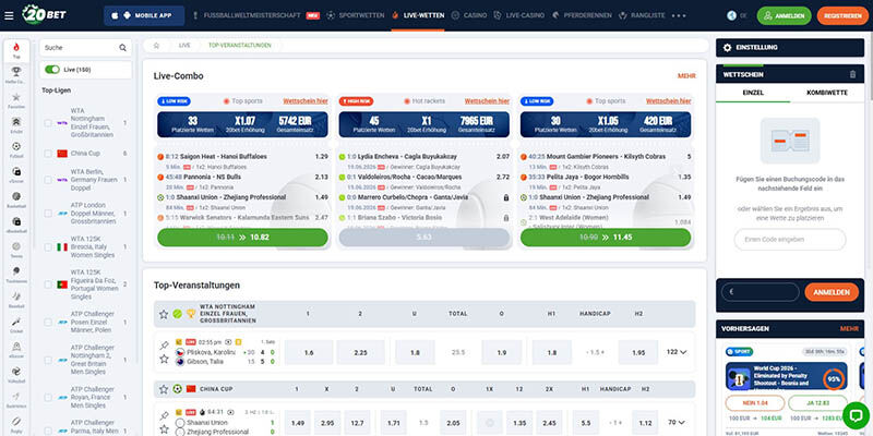 Screenshot der Live-Wettseite von 20Bet