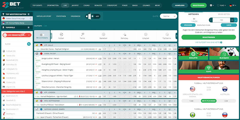 Screenshot der Live-Wettseite von 22bet