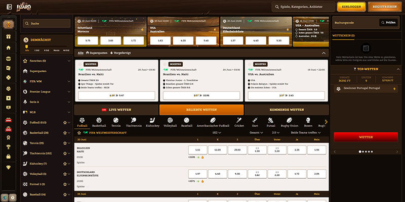 Screenshot der Lizaro-Sportseite