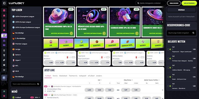 Screenshot der Sportwetten-Seite von LunuBet