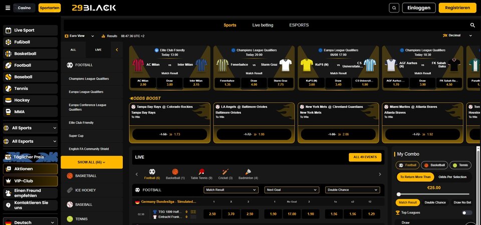 Screenshot der Sportwetten bei 29Black