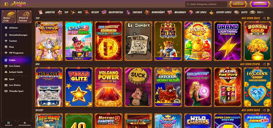 Screenshot der Alanwin-Casinoseite