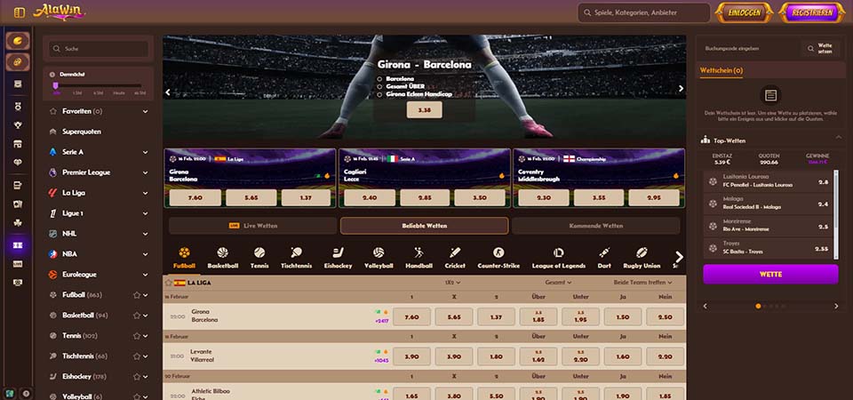 Screenshot der Alanwin-Sportseite