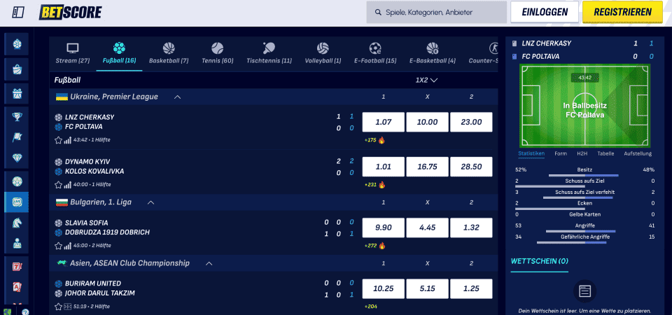 Screenshot der BetScore Sportseite