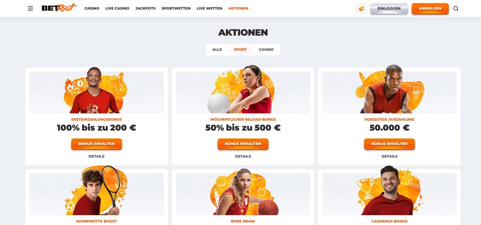 Screenshot der Aktionsseite bei BetRiot