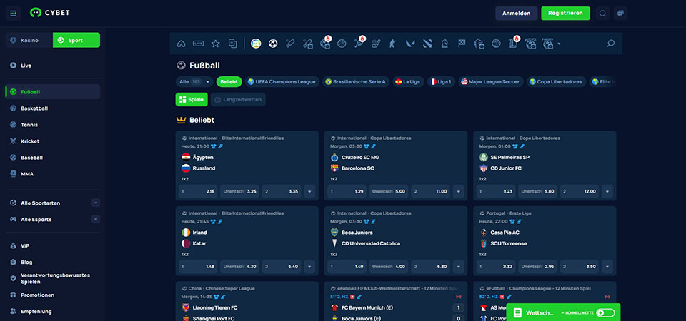Screenshot der Cybet-Sportseite