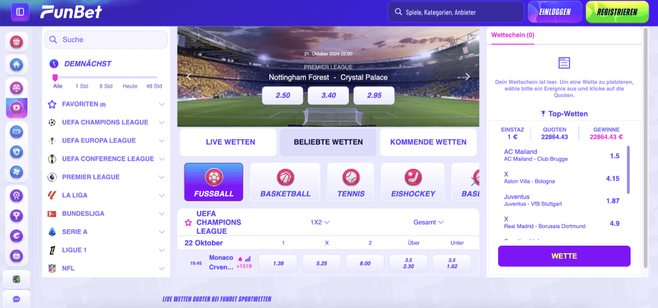 Screenshot der Funbet-Sportseite