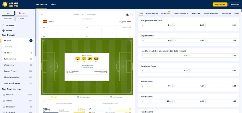 Webseite mit Wettmarkten von Merkur Bets
