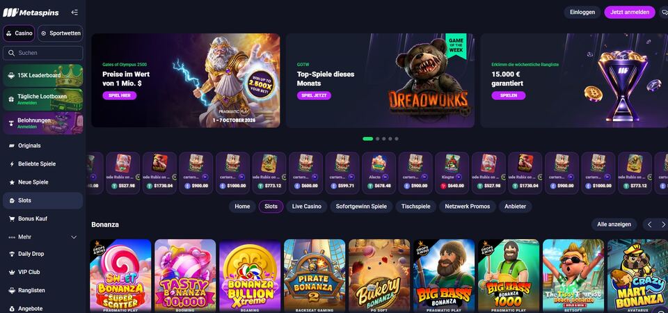 Screenshot der Spielautomaten bei Metaspins