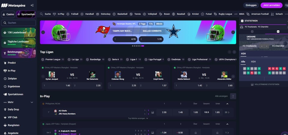 Screenshot der Sportwetten bei Metaspins